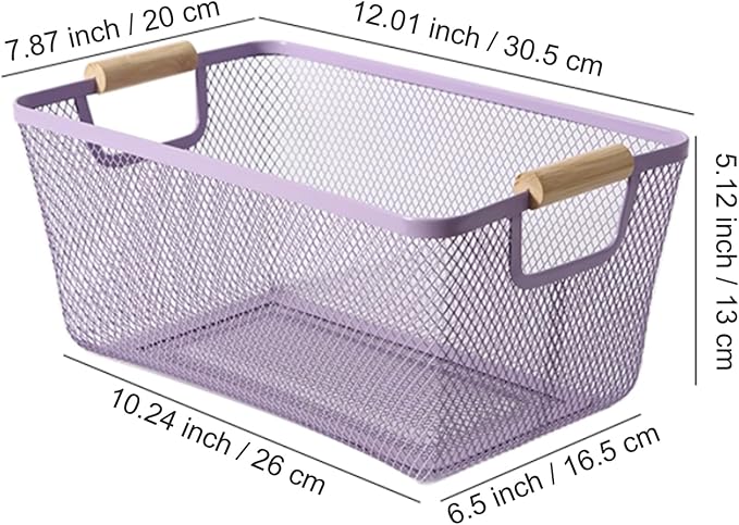 AJIODA Metal Mesh Steel Basket, Medium Wire Storage Organizer Basket Multi-function Hanging Kitchen Basket with Wood Handle f