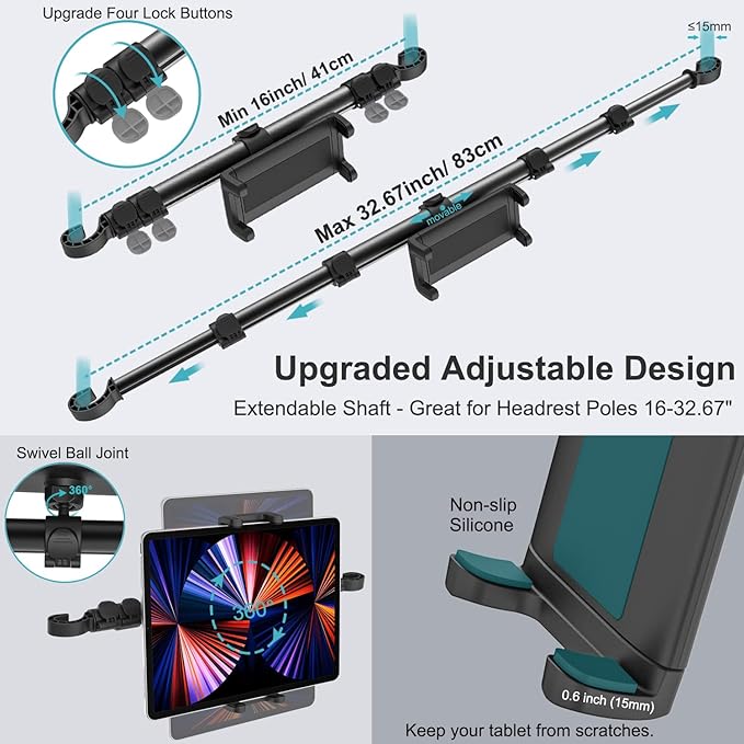 Car Headrest Tablet Holder, [Stretchable 32.67 inch Arm] Between Seat Tablet Mount for Car, Anti-Shake Backseat Phone Mount for Kids Fits iPad Pro 12.9 13 Air Mini, Galaxy Tabs, 4-13" Devices