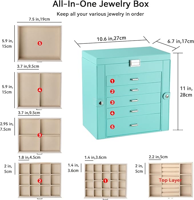 Frebeauty Large Jewelry Box,6-Tier PU Leather Jewelry Organizer,Multi-functional Storage Case with Mirror,Accessories Holder 