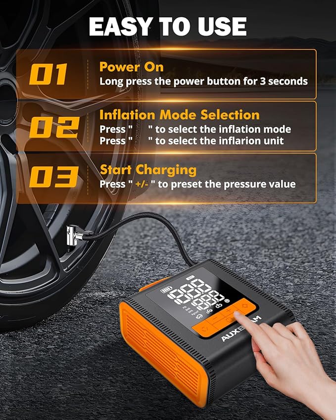 AUXBEAM H4 Tire Inflator Portable Air Compressor,150PSI Car Tire Pump 12V 4 Inflation Modes Cordless Smart Air Pump With LCD Screen for Car, Motorcycle, Bike, Ball
