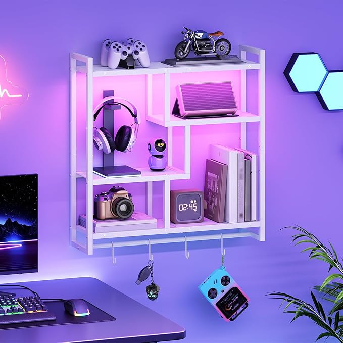 HOOBRO Gaming Floating Shelves with LED Lights, 28.7" LED Wall Mounted Shelf, 4-Tier Floating Wall Shelf for Storage, Display