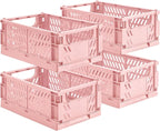 HUUSMOT 4-Pack Small Pastel Plastic Storage Baskets, Collapsible Crates for Organizing, Space-Saving Mini Bins for Classroom,