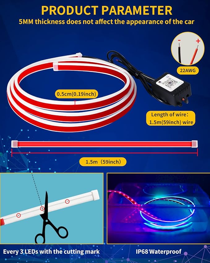 Exterior Car LED Hood Light Strip,RGB Multicolor Dynamic Scan Start Up Hoodbeam Kit with App & Remote Control,59 Inch 12V Updated Waterproof Hood Glow Lights for Cars, Trucks,SUV (1set)
