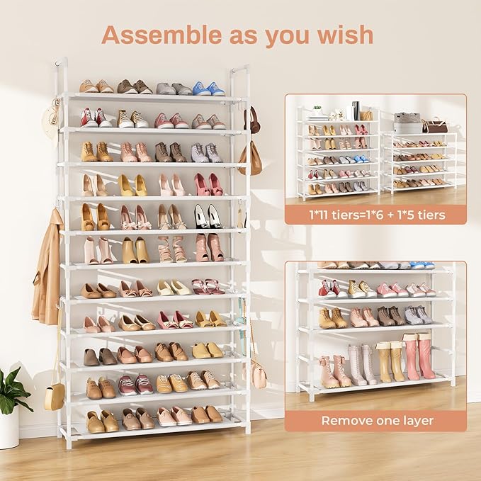 LANTEFUL 11 Tiers Tall Shoe Rack Holds 55 Pairs of Shoes with 18pcs Hooks Sturdy Wide Shoe Organizer Storage Free Standing Me