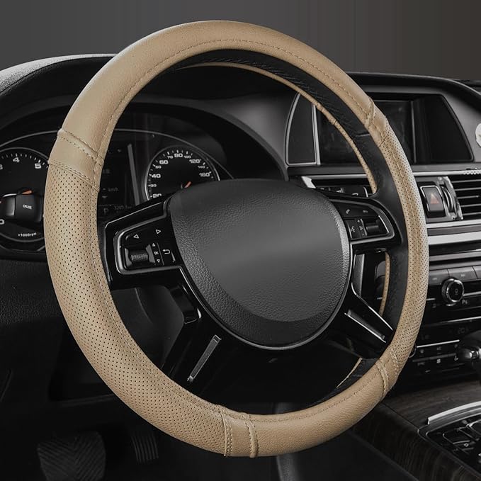 Car Pass Classical Leather Automotive Universal Steering Wheel Covers,Universal Fit for Suvs,Trucks,Sedans,Cars,Vans,14.5-15i