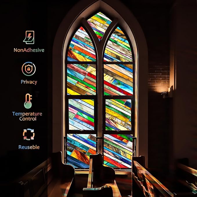 SUNBABY Stained Glass Window Privacy Film: 3D Decorative Christmas Static Clings, Vintage Windows Decals Day and Night Privacy, Home Bathroom Door Window Coverings for Winter,17.8 x 118.1 Inch