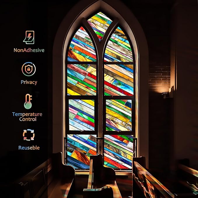 SUNBABY Stained Glass Window Privacy Film: 3D Decorative Christmas Static Clings, Vintage Windows Decals Day and Night Privacy, Home Bathroom Door Window Coverings for Winter,23.6 x 35.4 Inch