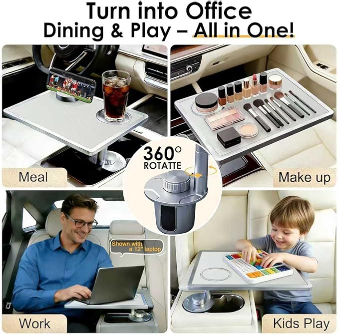 Car Food Tray & Car Table Tray with Car-Grade Aluminum Cup Holder & Phone Stand, Premium Wood with Leather Surface, 360° Rotating Car Desk for Laptop &Eating (Square, White)