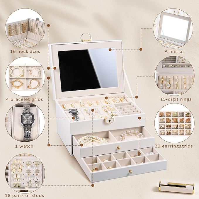 3 Layer Jewelry Boxes for Women with Mirror Large Jewelry Organizer Box with 2 Jewelry Organizer Drawer PU Lockable Elegant U
