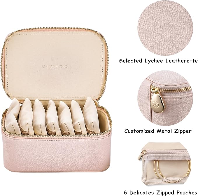 VLANDO Travel Jewelry Box Organizer – Portable PU Leather Jewelry Case with 6/8/12 Zippered Pouches, Compact Storage for Earr