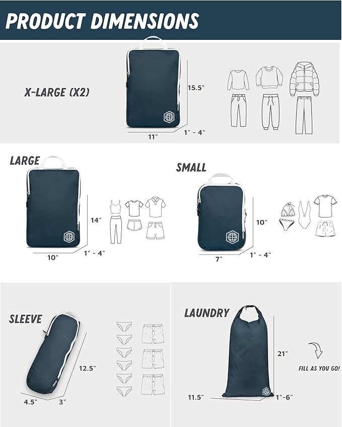 TRIPPED XL Compression Packing Cubes — 7-Piece Set for Checked Luggage | Extra-Large (15.7"×11"×4") + Large + Small + Tube + 