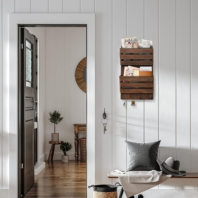 Mail Organizer Wall Mount with 4 Key Hooks, Rustic Wooden Hanging Mail Sorter Farmhouse Key Holder for Wall Decoration, 2-Slo