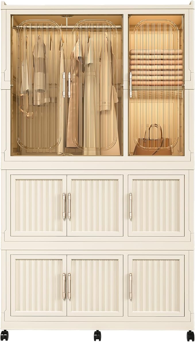 Portable Closet Wardrobe with Magnetic Doors, Foldable Armoire Wardrobe Closet with 1 Hanging Rod, 9 Cubes and 6 Hangers, Clo