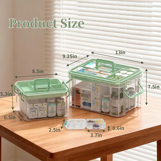 2 Pack Clear Medicine Organizer Storage Box with Tray, Portable Medicine Cabinet with Handle, Plastic First Aid box Empty wit