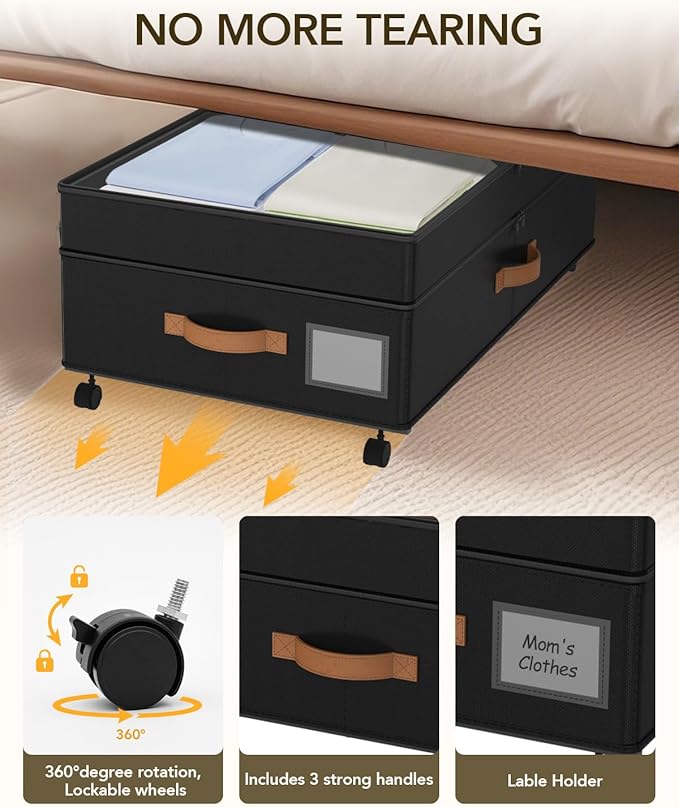 4 Pack Under Bed Storage with Wheels, Adjustable Height Storage Containers, 10 inches Large Capacity Rolling Underbed with Li