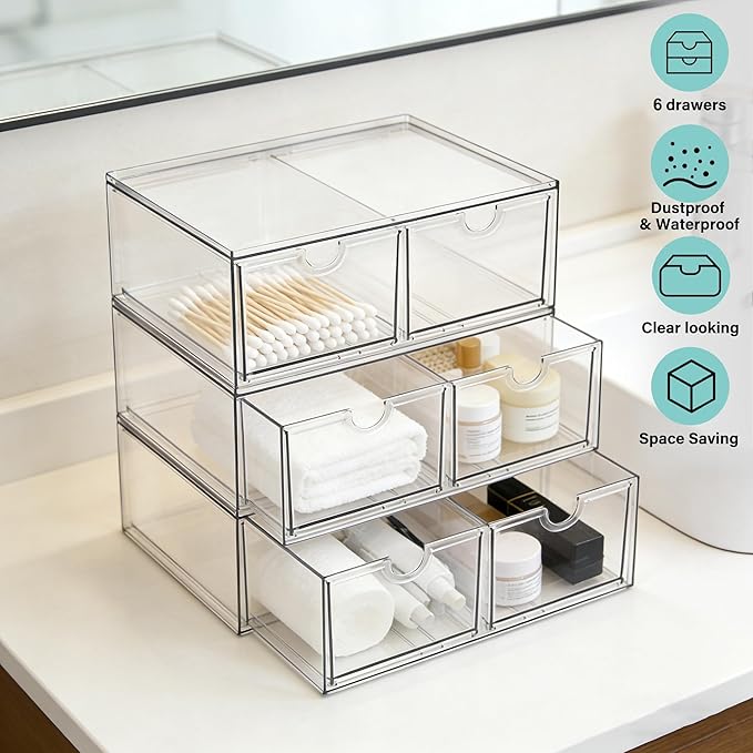 Prsildan Stackable Clear Makeup Organizer, 3 Pack Acrylic Storage Drawers with 6 Drawers for Vanity Bathroom Office Desk Modu