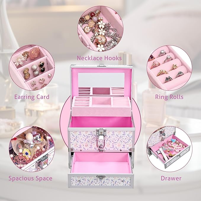 Hododou Girls Jewelry Box Organizer with Drawer & Mirror, Shiny Pink Style Lockable Storage Case for Kid or Little Girls Jewe