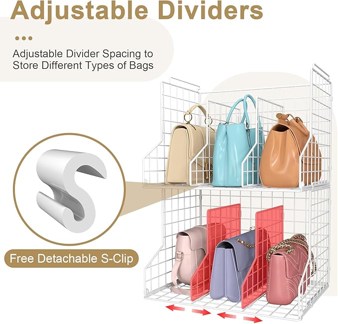 Sonyabecca Purse Storage Organizer for Closet : Adjustable 2-Pack Dividers Handbag Organizer - Stackable Wire Handbags Storag
