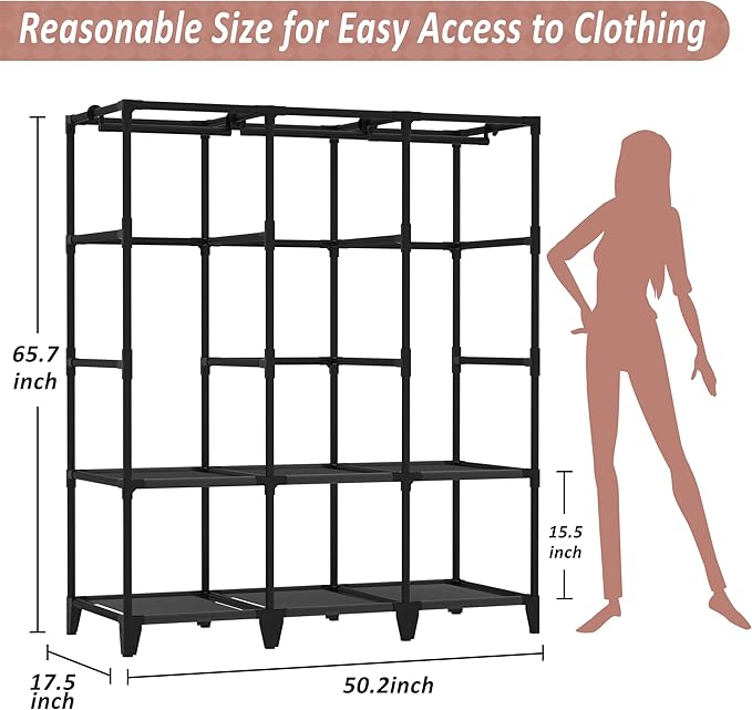 Wardrobe Closet, Quick and Easy Assembly, Gray Large Capacity Portable Closet with 3 Hanging Rods 6 Storage Shelves and 8 Sid