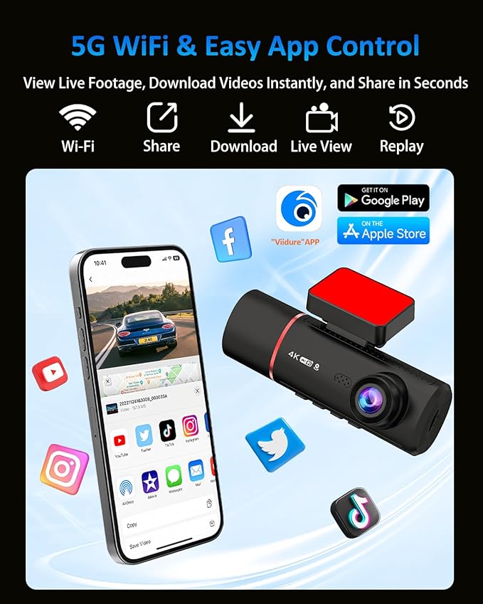 3 Channel Dash Cam Front and Rear Inside, 4K+720P+720P Dashcam, 5GHz WiFi GPS Dash Camera for Cars with 64GB Card, 24H Parkin