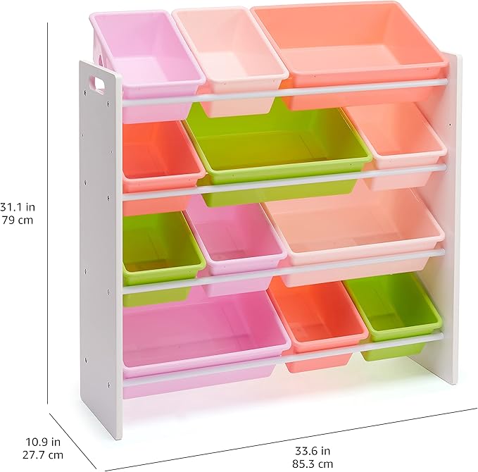 Amazon Basics Kids Toy Storage Organizer with 12 Plastic Bins, White Wood with Pink Bins, for Bedroom and Playroom, 10.9" D x