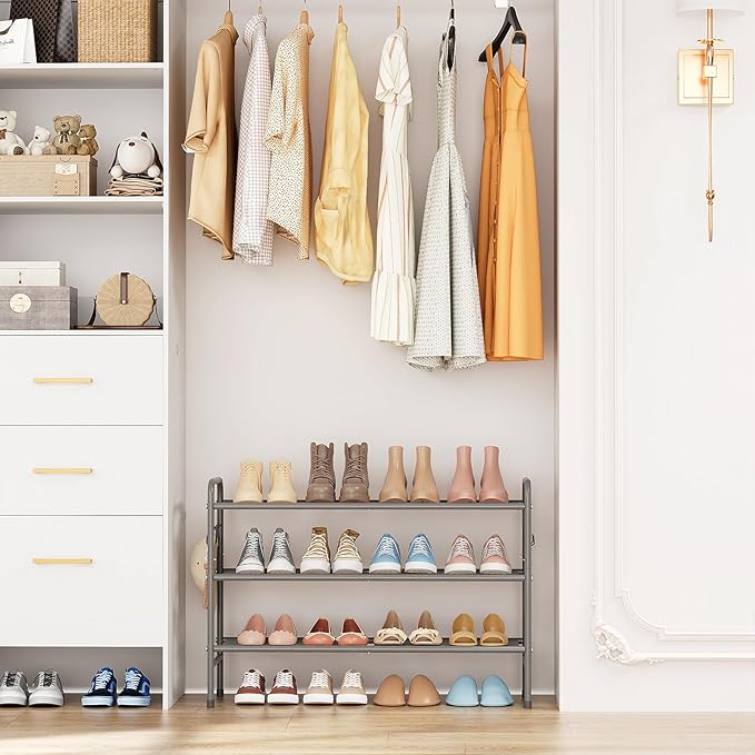 VILICK 3 Tier Shoe Rack 33" Wide Metal Shoe Organizer Long Shoe Storage with 4 Side Hooks Sturdy Shoes Shelf for Front Door E