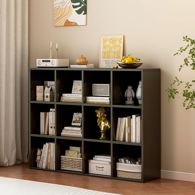 OSCHF 12-Cube Storage Shelf Bookcase - Wooden 3-Tier Floor Standing Open Bookshelf for Home and Office, Display Cabinet, Blac