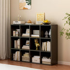 OSCHF 12-Cube Storage Shelf Bookcase - Wooden 3-Tier Floor Standing Open Bookshelf for Home and Office, Display Cabinet, Blac
