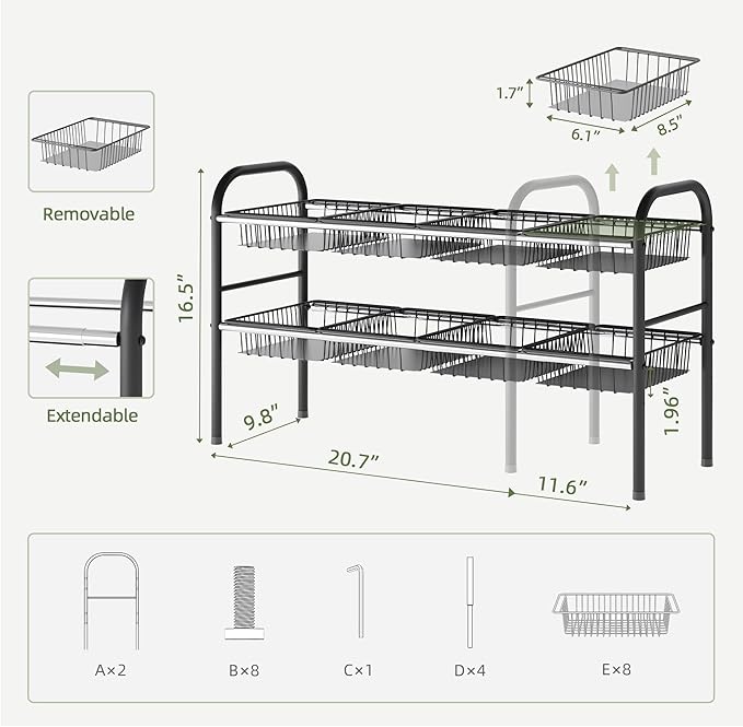 NETEL Under Sink Organizers and Storage, 2 Tier Expandable Under Cabinet Organizer Shelf with 8 Baskets, Expandable Shelf for