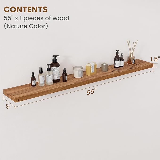 Floating Shelves for Wall Decor, 8" Deep Rustic Solid Elm Wood Floating Shelves Wall Mounted, Wall Shelves with Invisible Bra