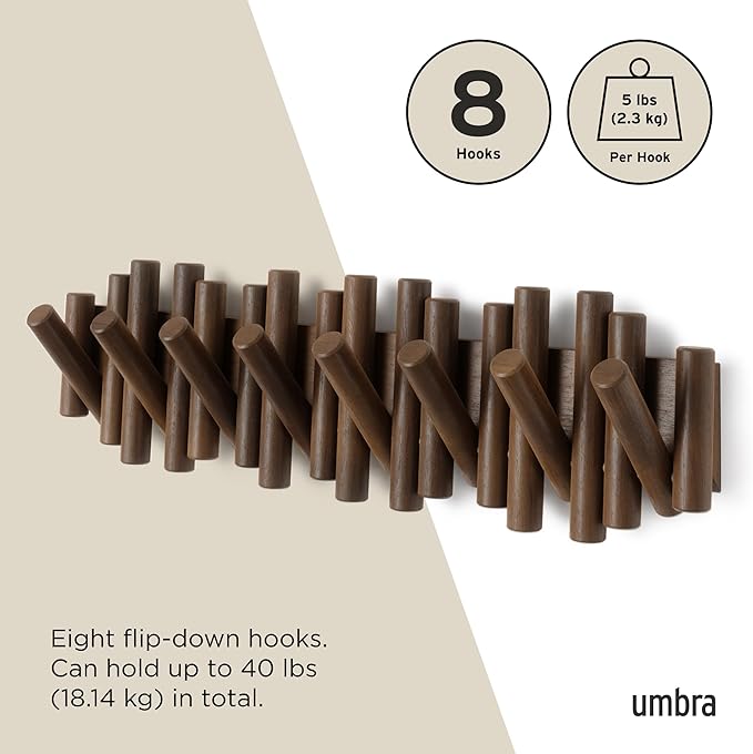 Umbra Picket Coat Rack with 8 Hooks – Walnut Wall-Mounted Coat Rack with Flip-Down Wooden Hooks, Real Pine Wood Decorative Wa