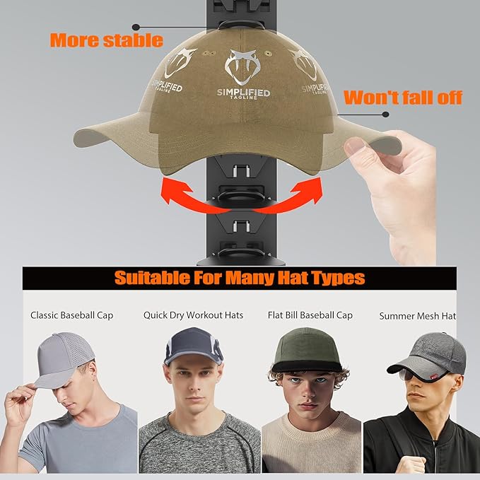 Hat Organizer for Baseball Caps Hold Up to 40 Hats, 2 Pack Hat Rack for Wall, Strong Adhesive Hat Storage Display Holder for 