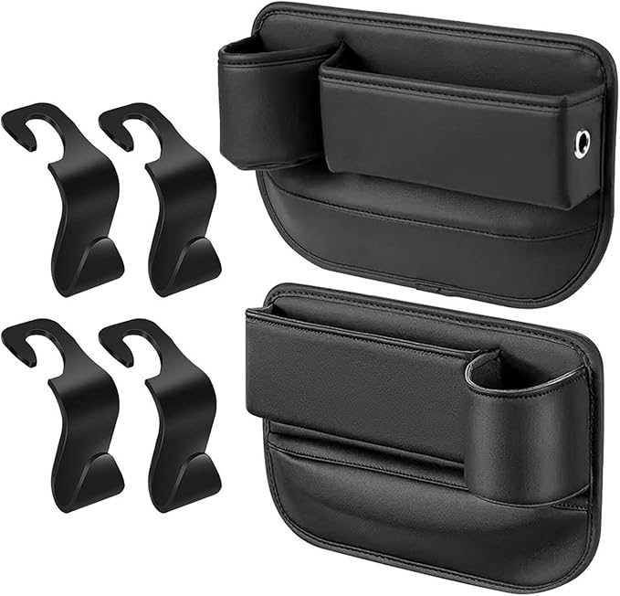 2Packs Car Seat Filler Organizer, Seat Gap Storage Box with Water Cup Holder & 4 Car-Seat Headrest Hooks, Universal fit for Most Car, for Phone, Keys, Wallet, Sunglasses and Bottles, Prevent Dropping