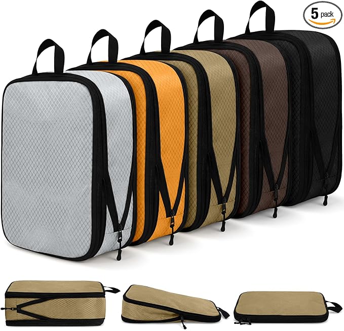 5 Pack Compression Packing Cubes for Travel Space Saving Cubes Luggage Organizer for Suitcase(Apricot,S)