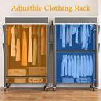 Homdox Garment Rack with Cover, Heavy Duty Clothing Rack for Hanging Clothes, Portable Closet Wardrobe, Double Rods Garment R