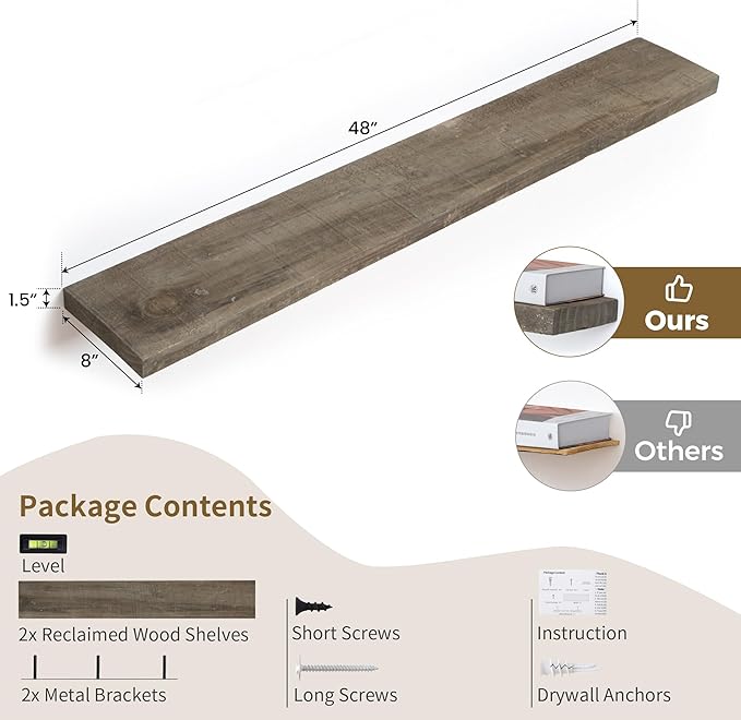 Solid Reclaimed Wood Floating Shelf 48inches Width and 8 inches Depth, Rustic Reclaimed Barnwood Wall Hanging Shelves with In