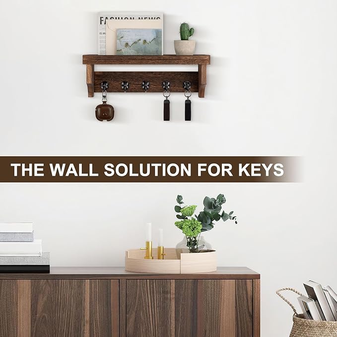 Key and Mail Holder Wall Mount, Key Holder with Shelf and Mail Organizer Wall Mount. Mail Holder with 5 Hooks for Coat, Dog L