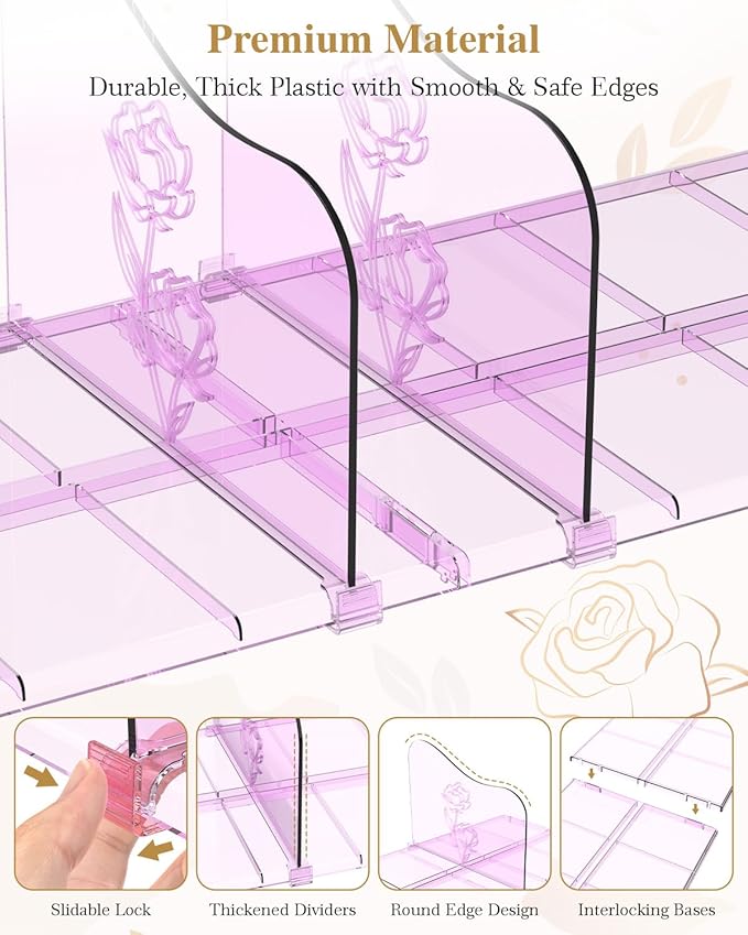 SURETIVIAN Rose Purse Dividers for Closet, 2 Pack Clear Clutch Purse Closet Organizers, Adjustable Handbag Storage Organizers