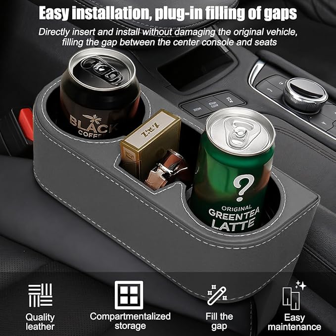 Car Seat Gap Filler Organizer with Cup Holder, Leather Multifunctional Vehicle Front Seat Crevice Storage Box Bag, Automotive Console Side Bucket Pocket, Universal Fit (Gray)