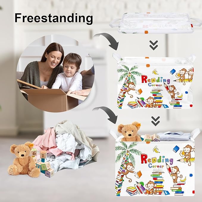 Clastyle Reading Corner School Classroom Book Basket 36L Large Monkey Book Tree Shelf Basket for Kid Nursery Room Collapsible