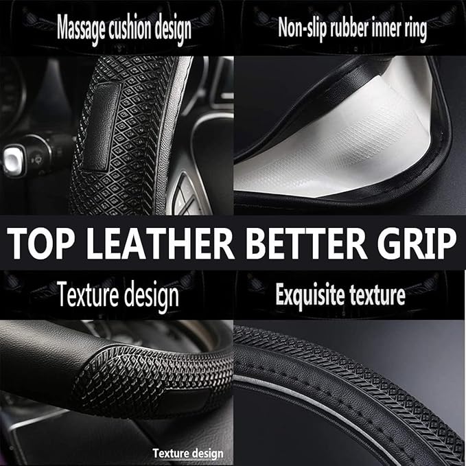 D Shape Steering Wheel Cover,Universal 14.5-15 Inch Car Black Leather Steering Wheel Wrap with Better Sport Grip for Men Wome
