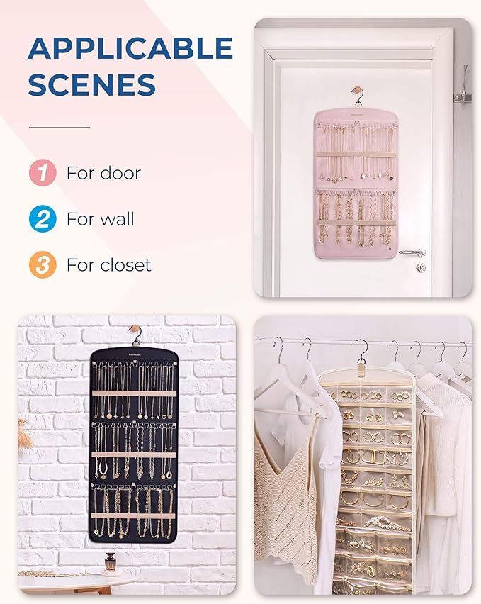 BAGSMART Hanging Jewelry Organizer, Necklace Holder Anti-tangle Earrings Rings Hanger with Pockets Hang on Closet, Wall, Door