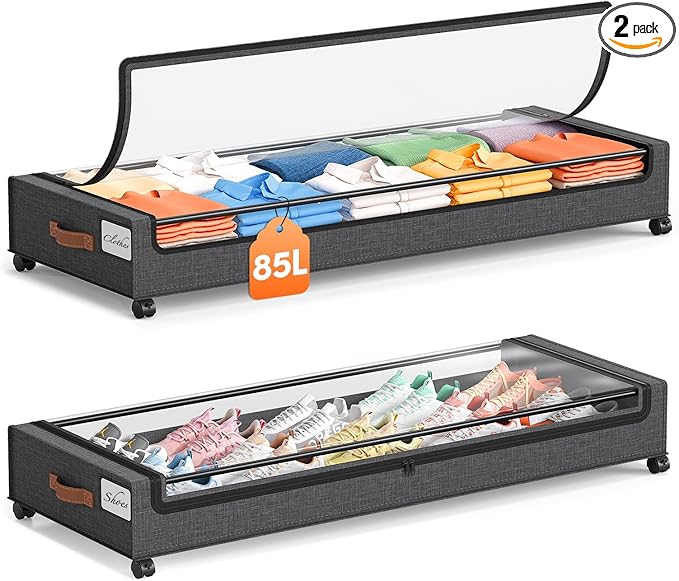 Yecaye Under Bed Storage with Wheels 2 Pack, 85L Extra Large Under Bed Storage Containers with Metal Frame & Clear Lid, Rolli