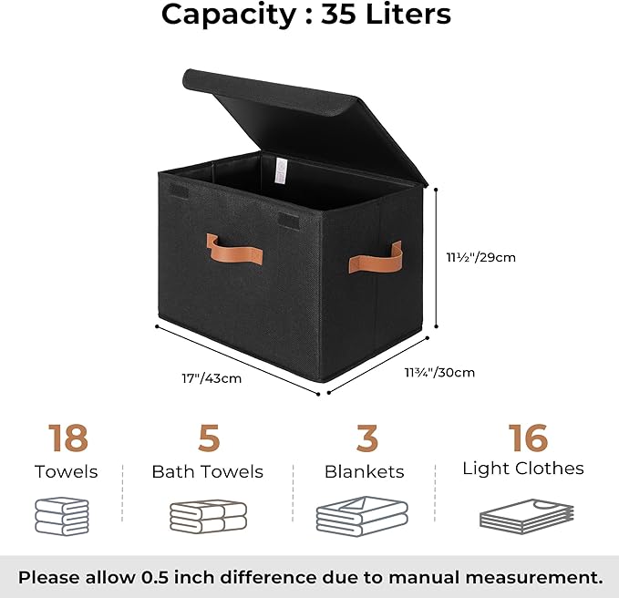 GRANNY SAYS Black Storage Bins with Lids, Decorative Storage Boxes with PU Handles, Linen Closet Organizer, Storage Baskets f