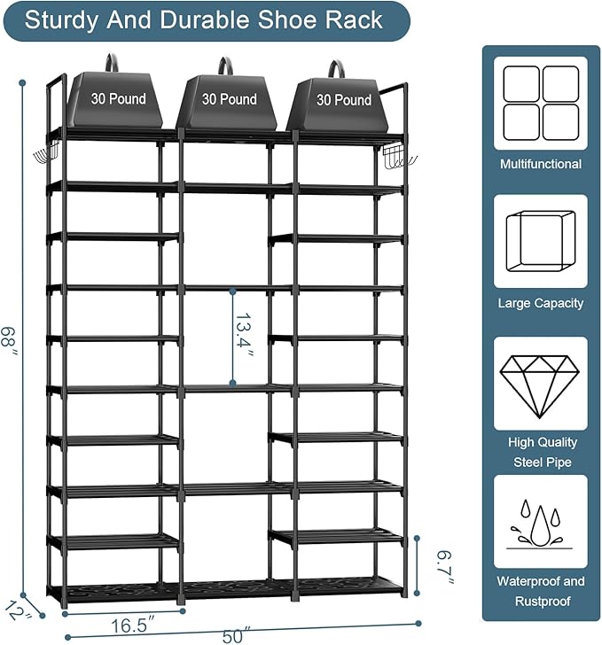 Kottwca 3 Row 10 Tier Large Shoe Rack Organizer for Closet Entryway, 60-65 Pair Shoe Boot Storage Rack, Metal Shoe Shelf Tall