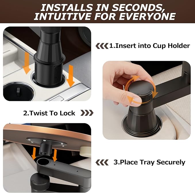 Car Tray Cup Holder Desk, 360° Rotating PU Leather Food Car Table - Steering Wheel Tray Road Trip Essentials Accessories for Tesla Model Y/3/S, Ford F150 Most Vehicles