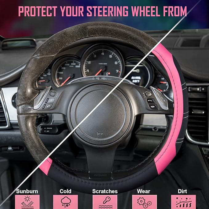 CAR PASS Line Rider Microfiber Leather Sporty 14.5-15 inch Steering Wheel Cover Universal Fits for 95% Truck,SUV,Cars, Anti-S