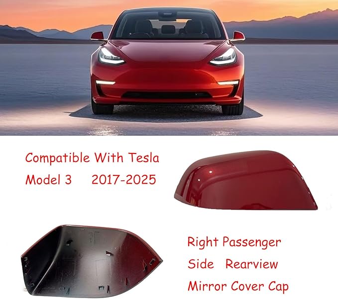 Compatible with Tesla Model 3 Side Mirror Cover Replacement 2017 2018 2019 2020 2021 2022 2023 2024 2025,Right Side Rearview Mirror Cover Cap for Model 3 Accessories(red)