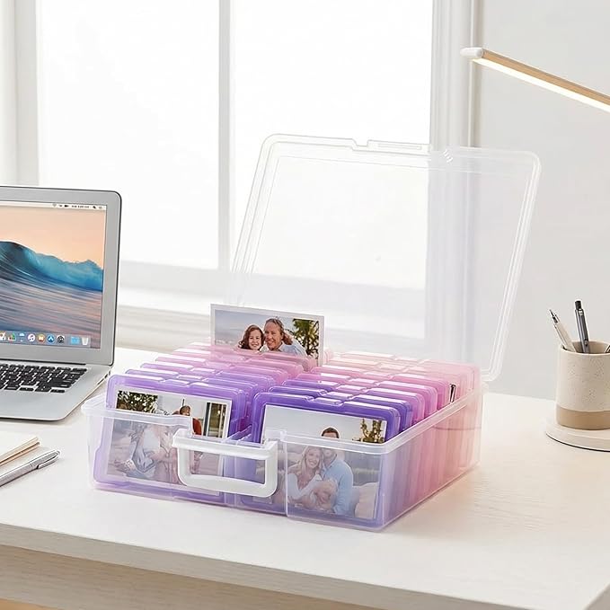 novelinks Transparent 4" x 6" Photo Cases and Clear Craft Keeper with Handle, 16 Inner Photo Organizers & Photo Storage Box, 