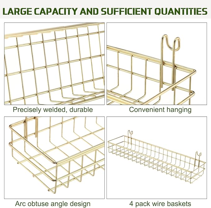 Blulu 4 Pcs Gold Metal Grid Wall Baskets with Hooks Grid Wall Shelves 15.75 x 3.94 x 1.97 Inches Hanging Wire Basket Multi Fu